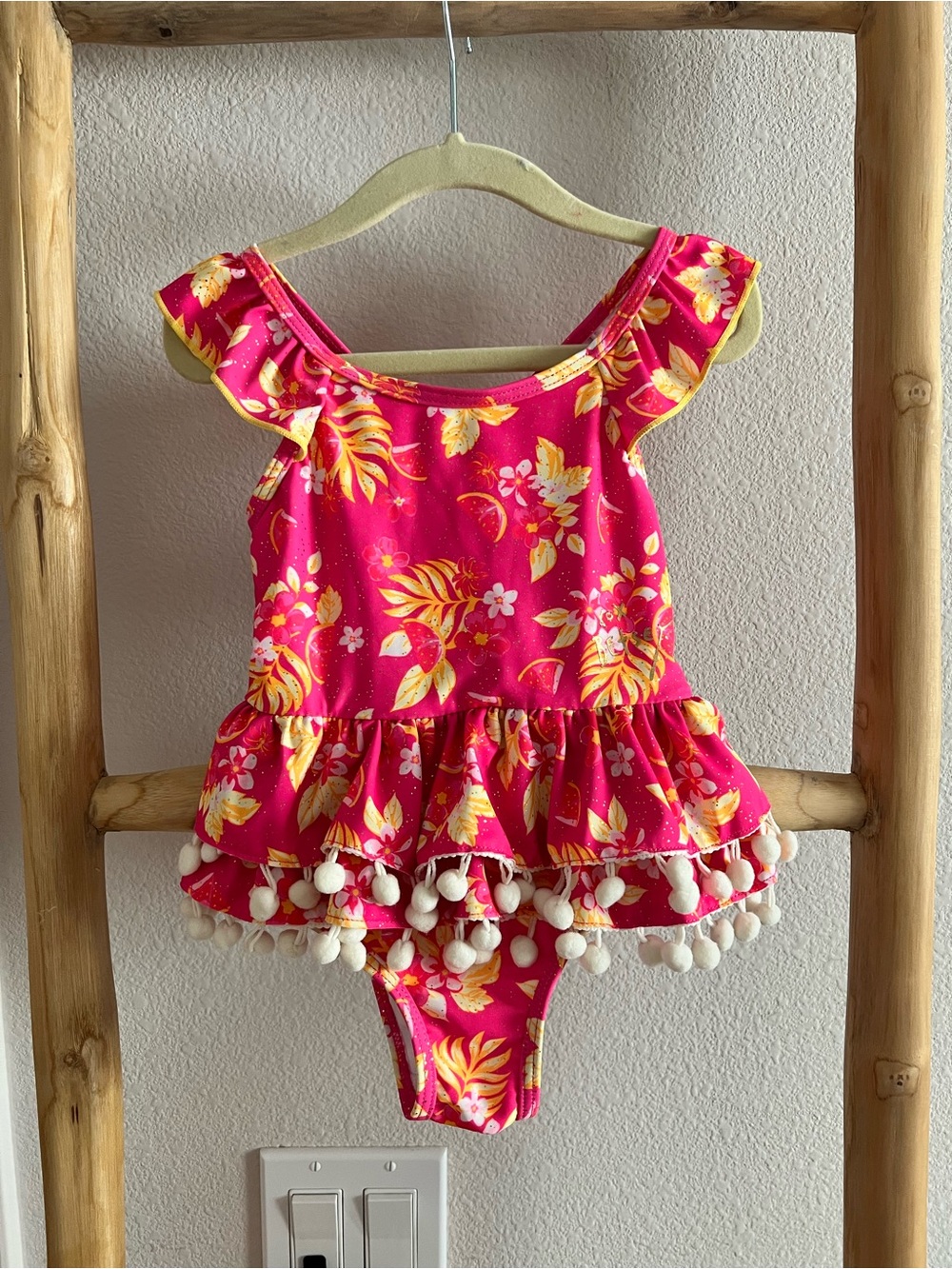 Betsey Johnson Hot Pink Tropical Print Ruffle One-Piece Swimsuit
